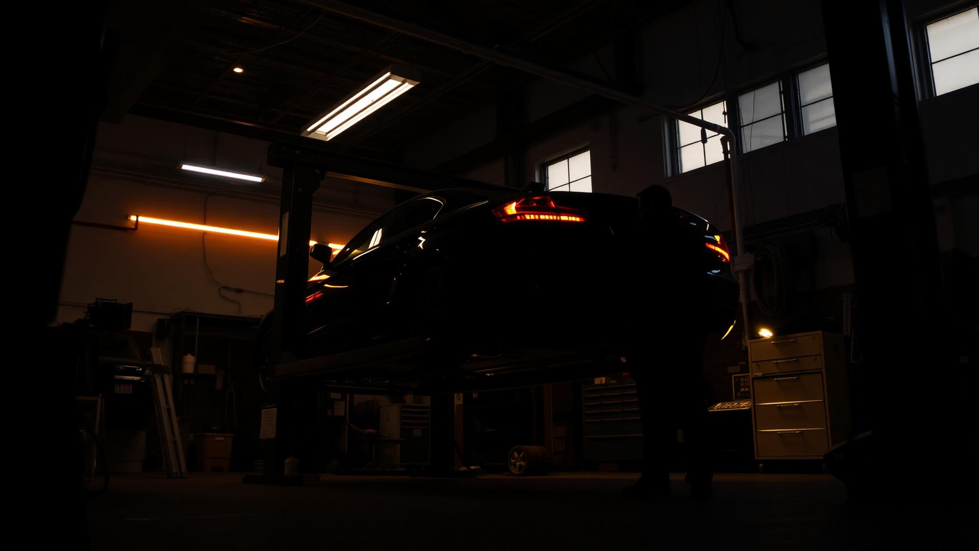Vehicle raised on a hoist inside the SNJ Automotive repair shop